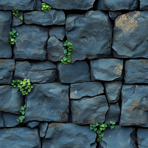 Stacked Stone Wall with Green Plants Growing in Cracks