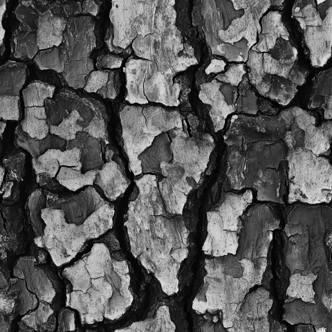 Close-up of rough cracked tree bark texture in black and white