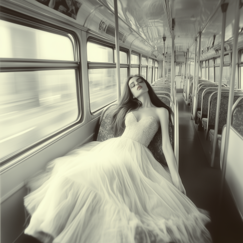 Dreamy Woman in White Dress on Empty Vintage Bus