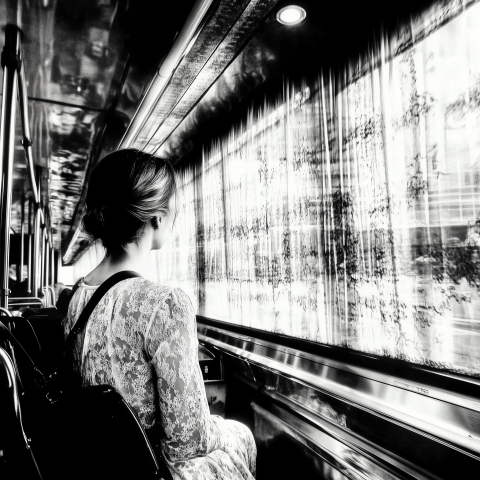 Black and White Photo of Woman Sitting on a Bus Looking Out the Window