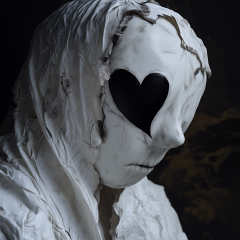 Mysterious figure in tattered white cloth with heart-shaped black void on face