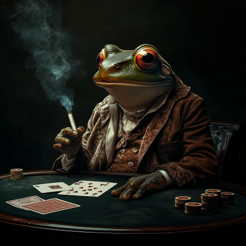 Anthropomorphic frog in suit playing poker and smoking