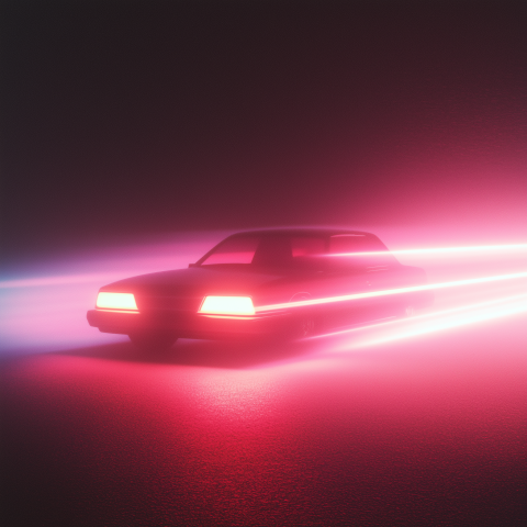 Retro car with glowing red taillights in a neon-lit foggy atmosphere