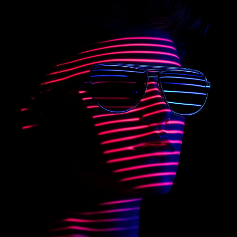 Person wearing sunglasses with neon light stripes in the dark