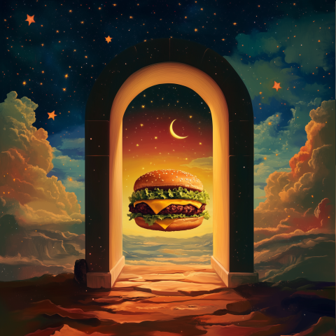 Surreal floating cheeseburger in a starry, dreamlike landscape