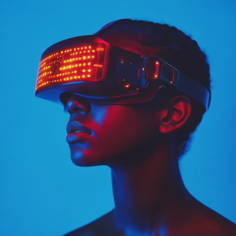 Close-up of a woman wearing a VR headset with bright red LED lights on a blue background