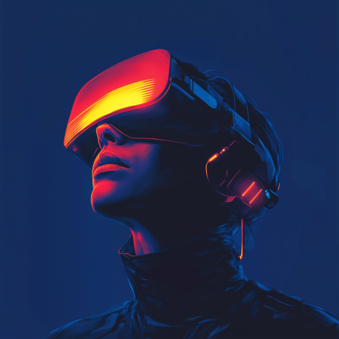 Close-up of a person wearing a futuristic VR headset with red and orange LED display against dark blue background