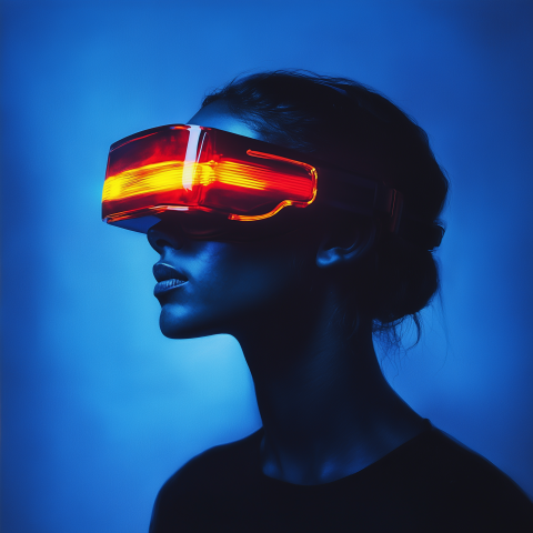 Woman in VR headset with glowing red lights