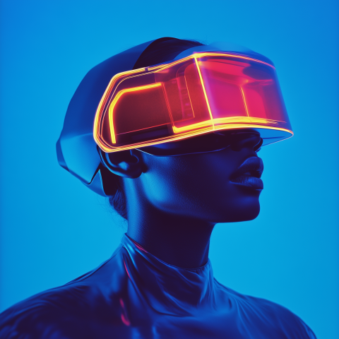 Woman wearing futuristic illuminated VR headset