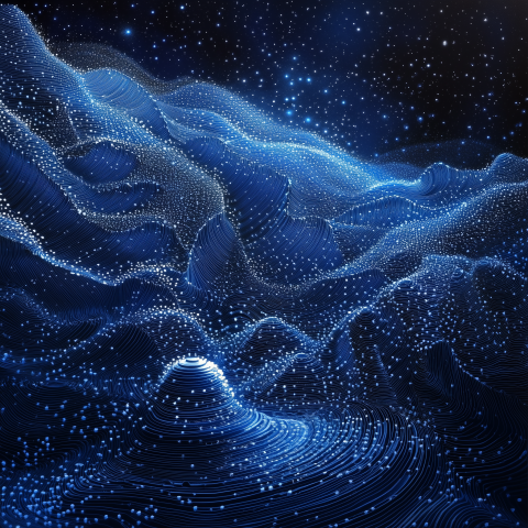 Digital landscape with flowing blue particles