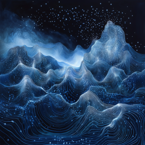 Abstract digital mountains with flowing light particles