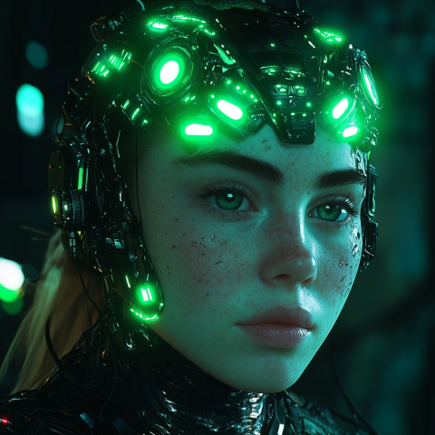 Woman in futuristic helmet with green lights