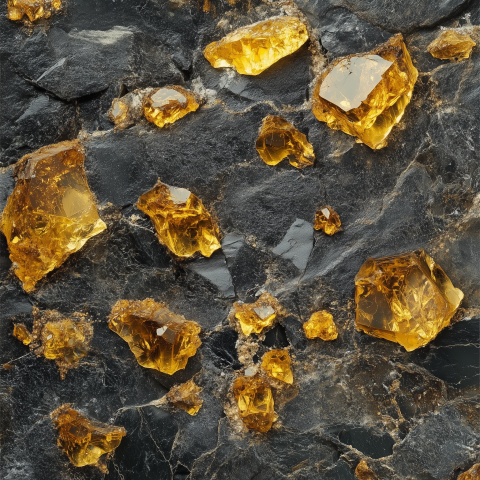 Raw Golden Amber Crystals on Dark Stone Background