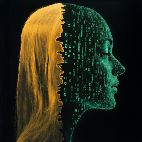 Half Human Half Digital Code Face Profile