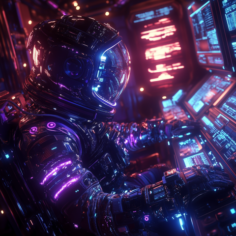 Futuristic Astronaut in Neon-Lit Spaceship Cockpit