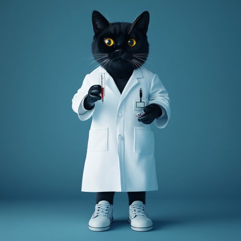 Black Cat Scientist Holding Test Tube in Lab Coat