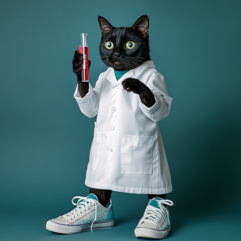 Black Cat in Lab Coat Holding Test Tube