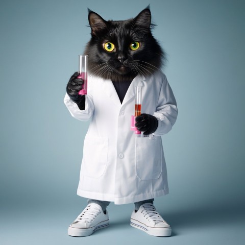 Realistic Black Cat Scientist in Lab Coat with Test Tube