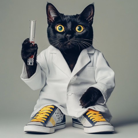 Realistic Black Cat Scientist in Lab Coat with Test Tube