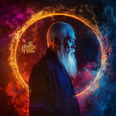 Buddhist Monk in Circle of Fire and LED Lights