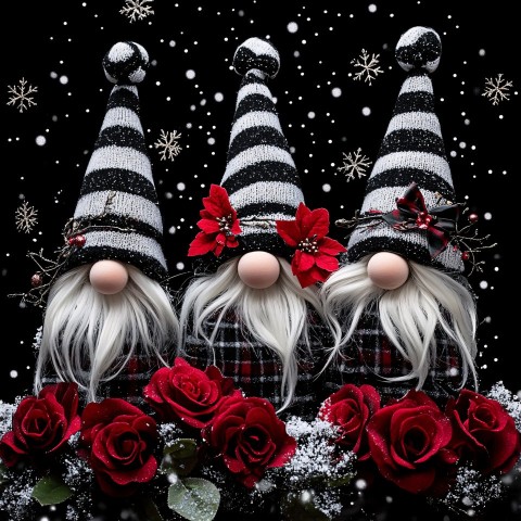 Christmas Gnomes with Black Plaid Hats and Snowflakes