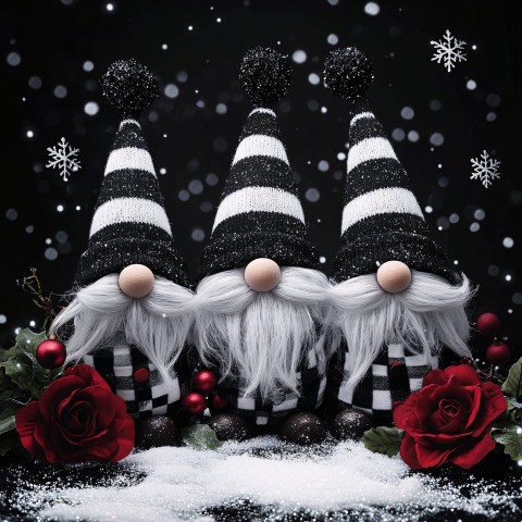 Christmas Gnomes with Striped Hats and Snowflakes