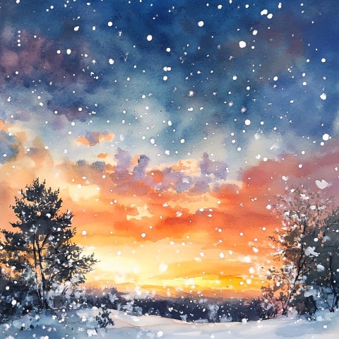 Watercolor Snowy Sky with Gentle Falling Snowflakes