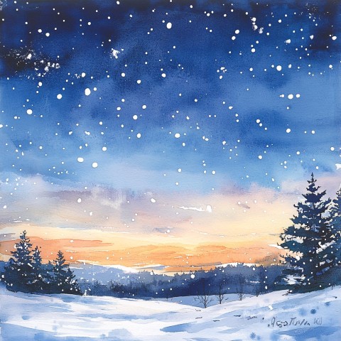 Watercolor Winter Sky with Falling Snowflakes