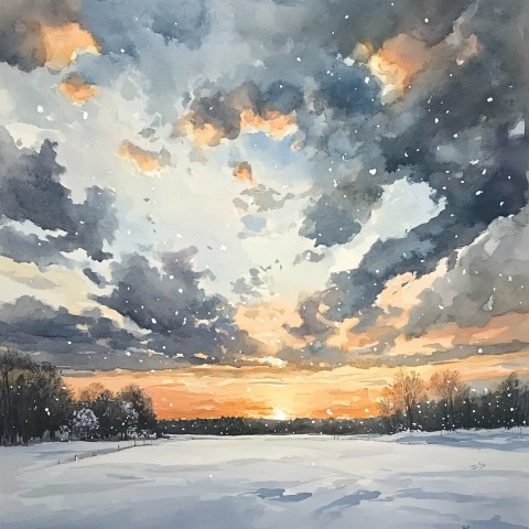 Soft Watercolor Winter Sky with Falling Snow