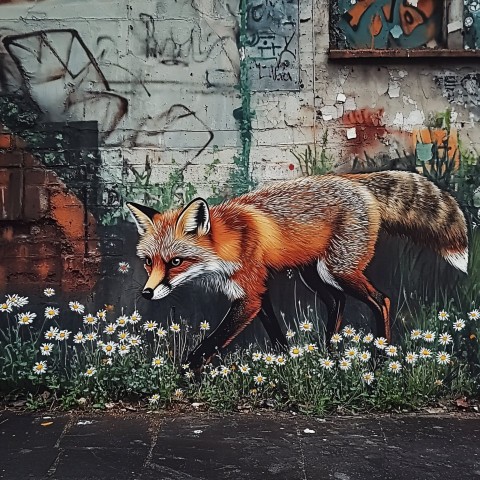 Urban Fox in Inner City with Daisies, Banksy Style