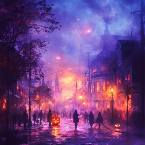 Psychedelic Halloween Street Full of Trick or Treaters