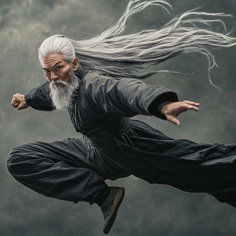 Old Kung Fu Master Performing Flying Kick