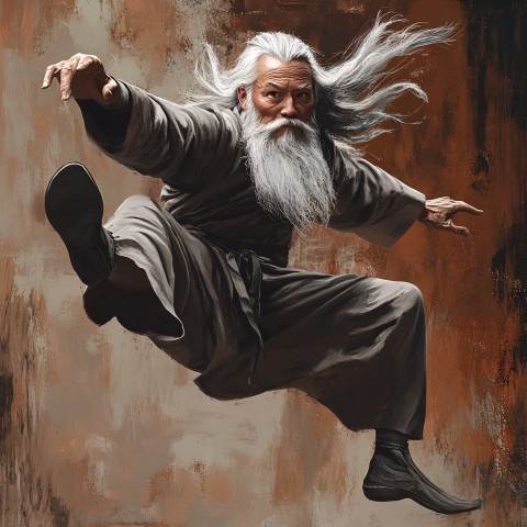 Old Kung Fu Master Executing a Flying Kick