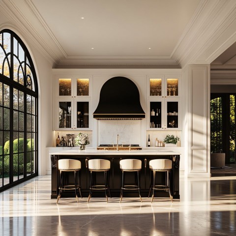 Luxury Neoclassical Kitchen with Central Island and Garden View