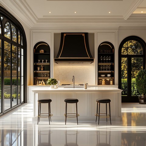 Luxury Neoclassical Kitchen with Central Island and Garden View