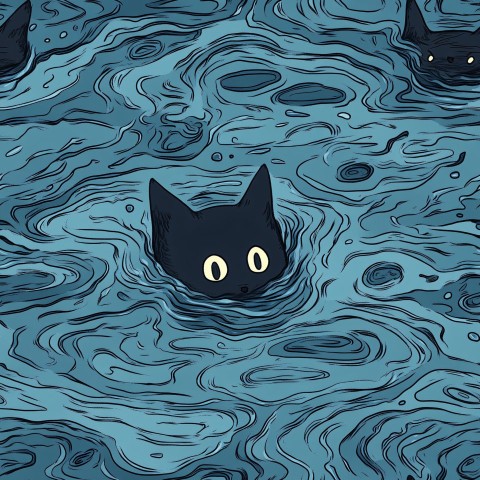 Seamless Pattern of Floating Black Cat in Water