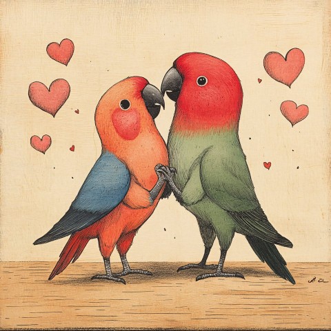 Dancing Love Parrots Vintage Illustration with Hearts