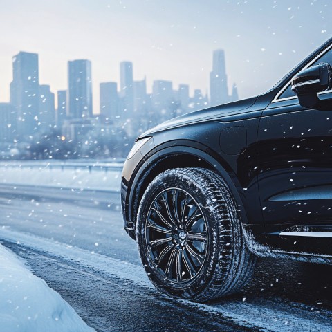 Luxury SUV on Snowy Highway with City Skyline