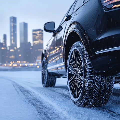 Luxury SUV on Snowy Highway with Winter City Skyline