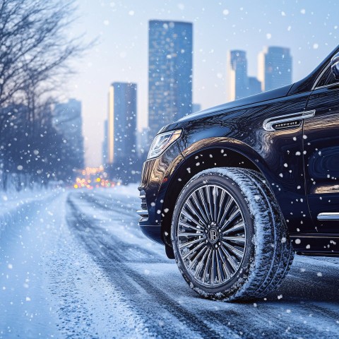 Luxury SUV on Snowy Highway with Winter City Skyline