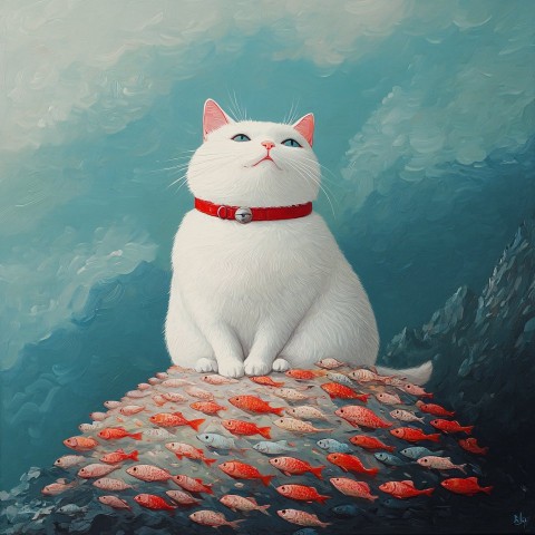 White Cat with Red Collar on Fish Mountain