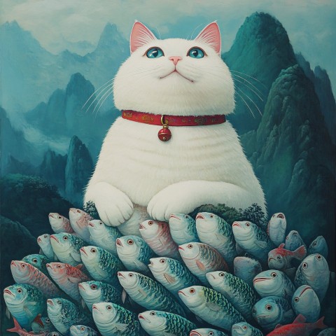 Chubby White Cat with Red Collar on Fish Mountain