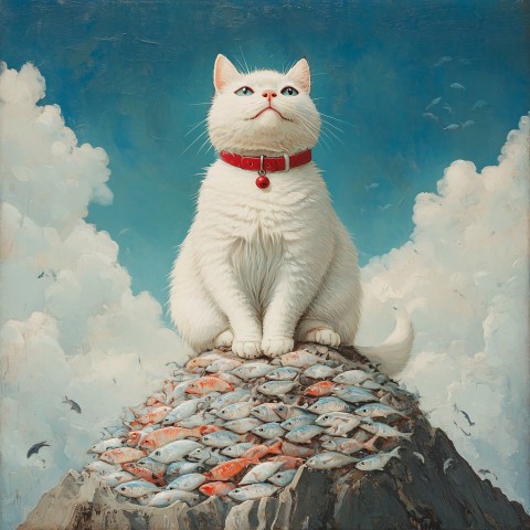 White Cat with Red Collar atop Fish Mountain