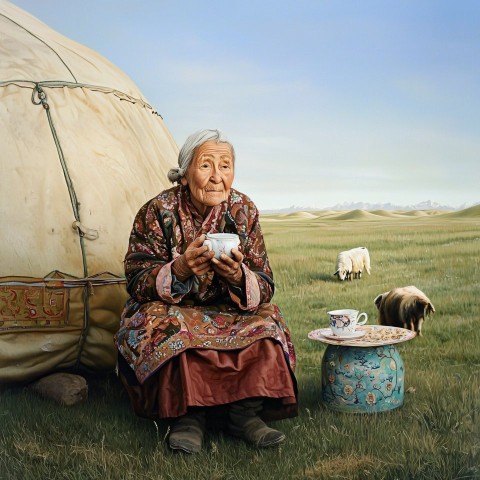 Kazakh Grandma in Yurt, Herding Cattle in Mountains