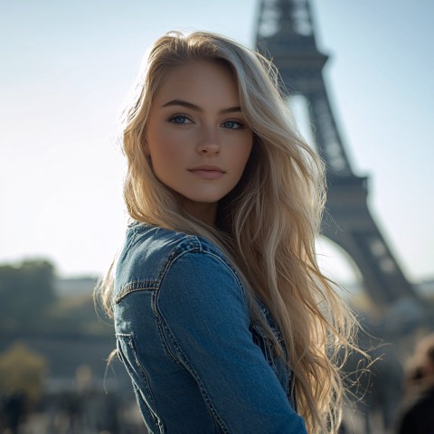 Blonde Woman in Jeans and Shirt by Eiffel Tower