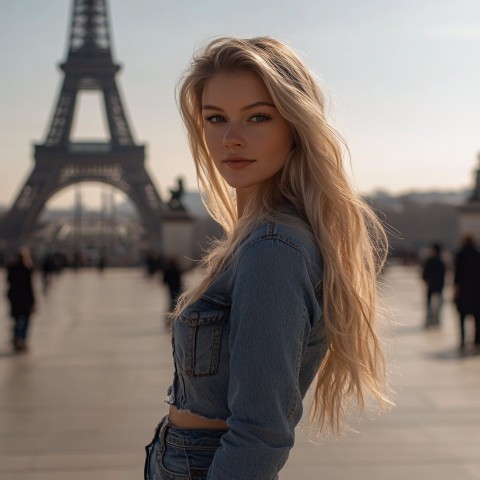 Blonde Woman in Casual Outfit by Eiffel Tower