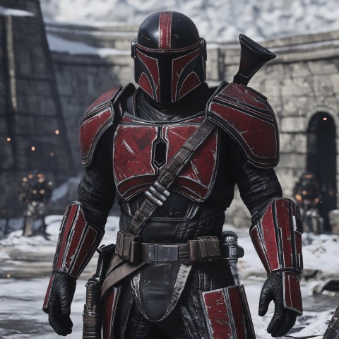 Mandalorian in Red and Black Beskar Armor