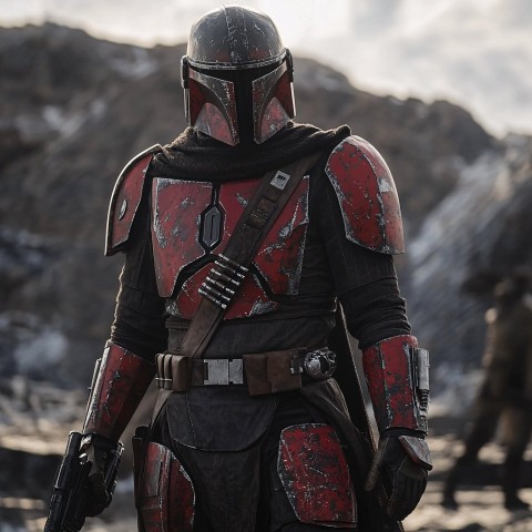 Mandalorian Warrior in Red and Black Beskar Armor