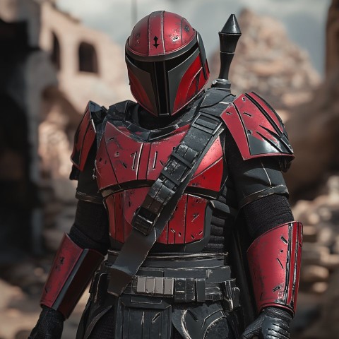 Mandalorian in Striking Red and Black Beskar Armor