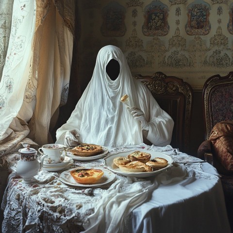 Ghostly Figures Enjoying Turkish Breakfast with Eerie Charm